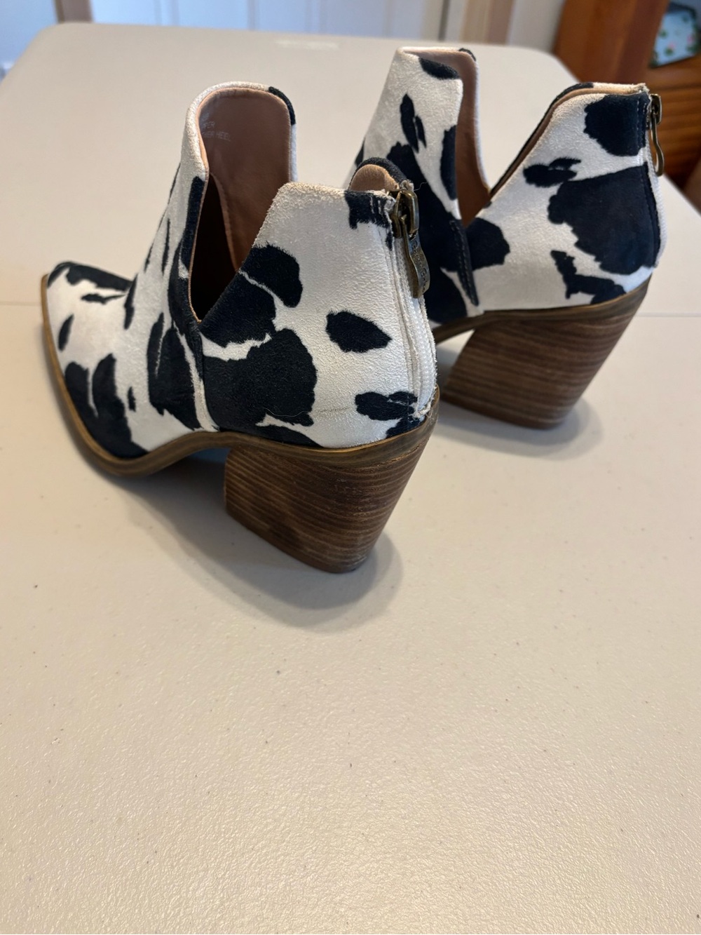 Cow-Print Pointed Ankle Booties - Black & White - Picture 3 of 8
